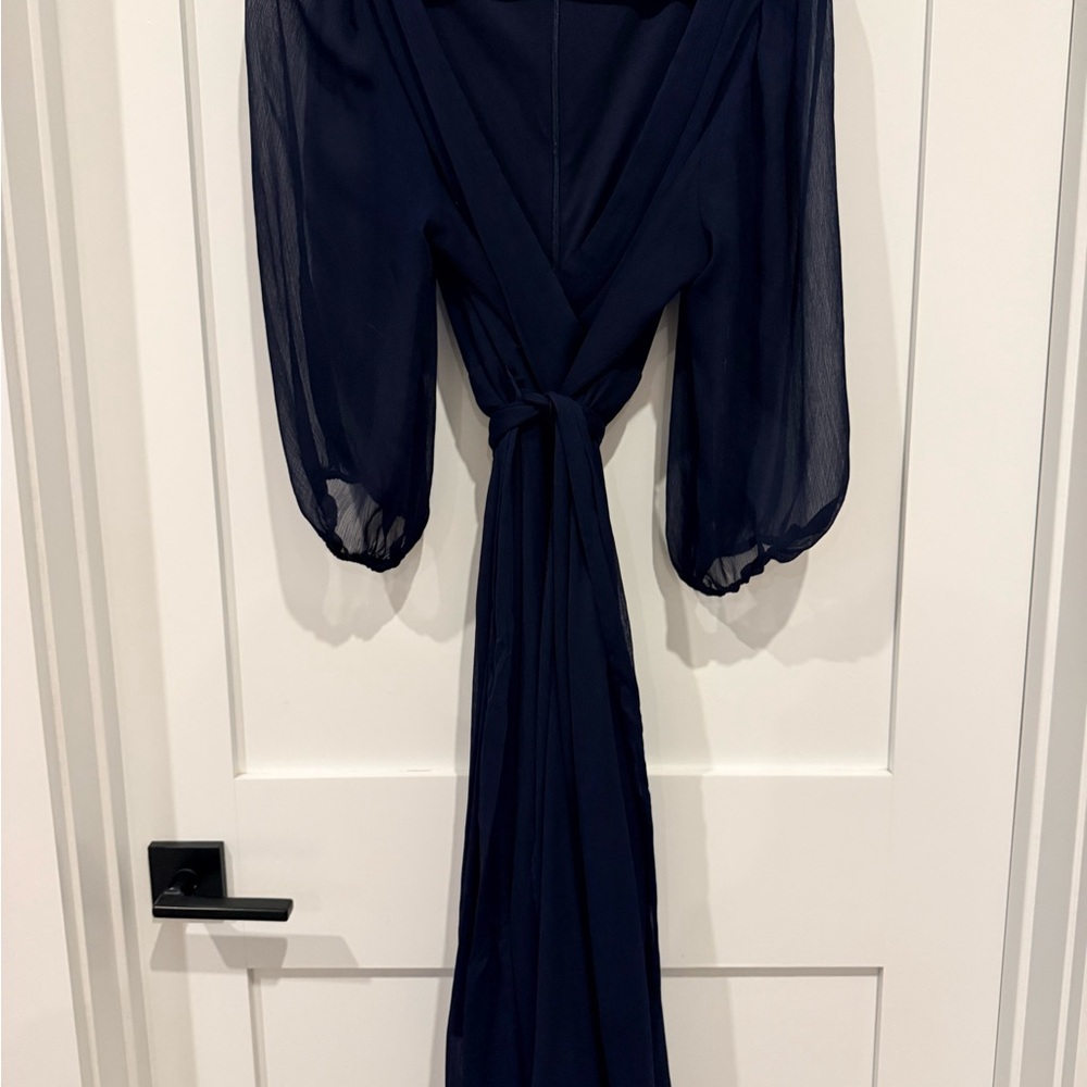 DKNY Navy Sheer Long-Sleeve Tie-Waist Maxi Dress
